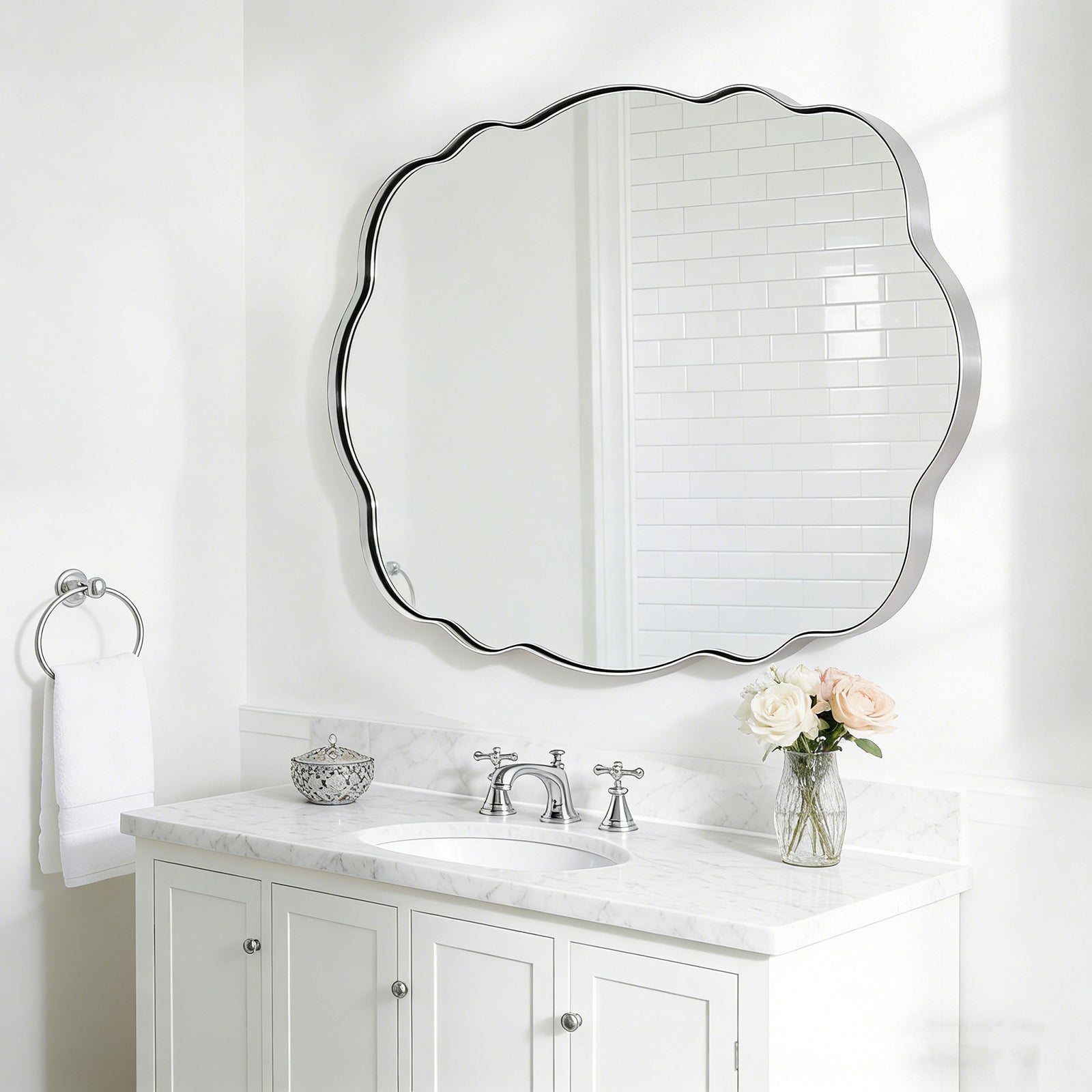 Contemporary Wavy Oval Scalloped Bathroom Vanity Mirror  Irregular Decorative Mirror| Stainless Steel Framed