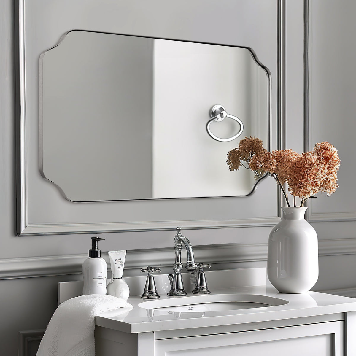 Modern Cut Corner Rectangle Scalloped Mirror for Wall /Bathroom | Stainless Steel Frame