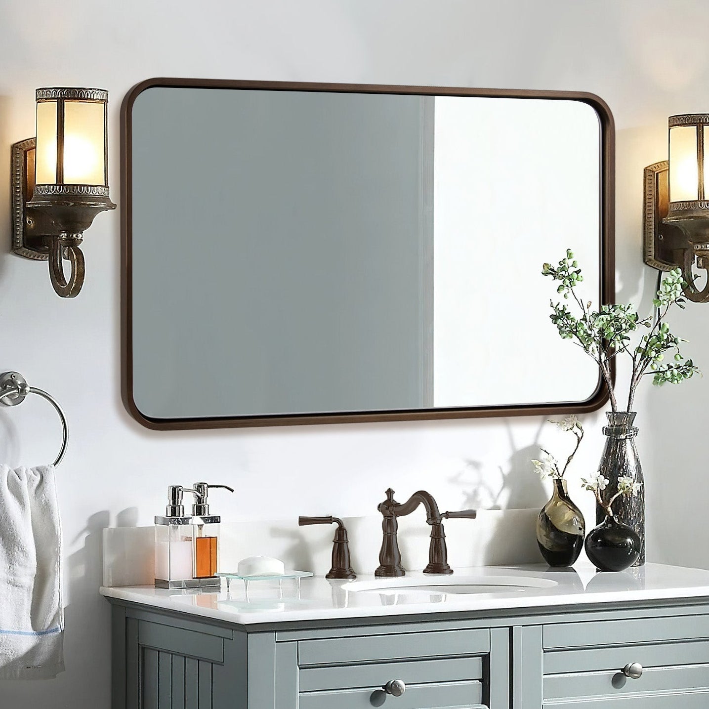 Contemporary Bold Metal Rounded Rectangular Bathroom Vanity Mirrors