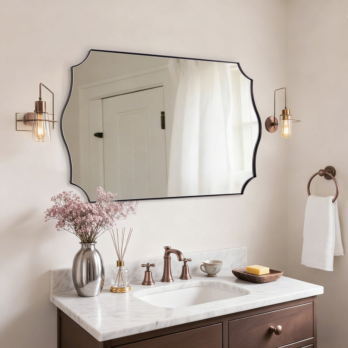 Contemporary Wavy Edge Scalloped Corner Rectangular Bathroom Vanity Mirror | Stainless Steel Frame