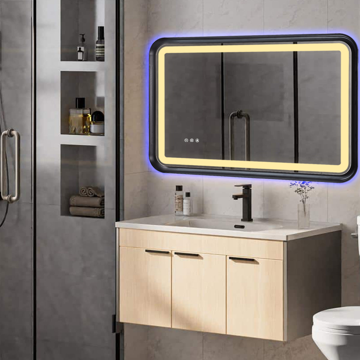 Black Framed Bathroom Mirror With Lights, Led Mirror For Dual Front & Back Lights, Defogging & Memory