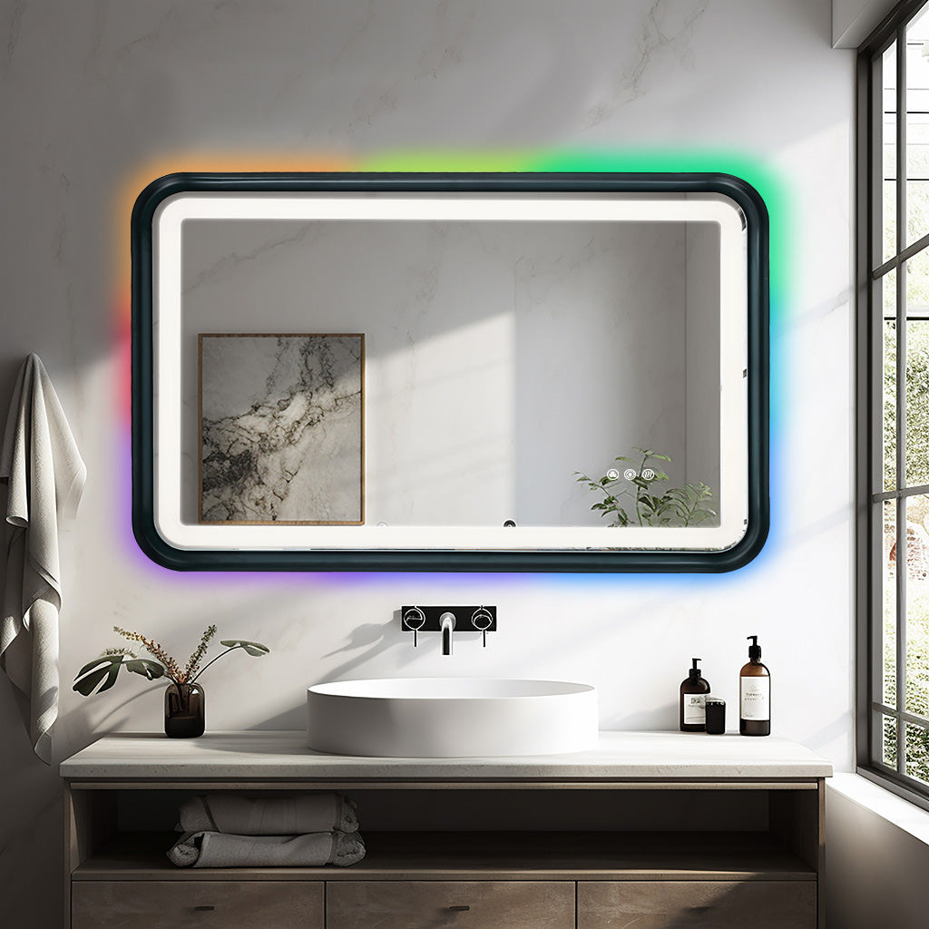 Black Framed Bathroom Mirror With Lights, Led Mirror For Dual Front & Back Lights, Defogging & Memory