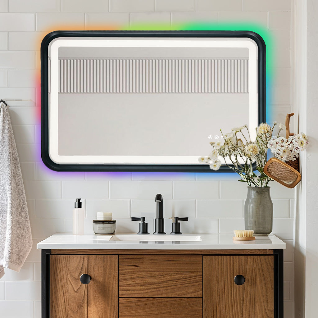 Black Framed Bathroom Mirror With Lights, Led Mirror For Dual Front & Back Lights, Defogging & Memory