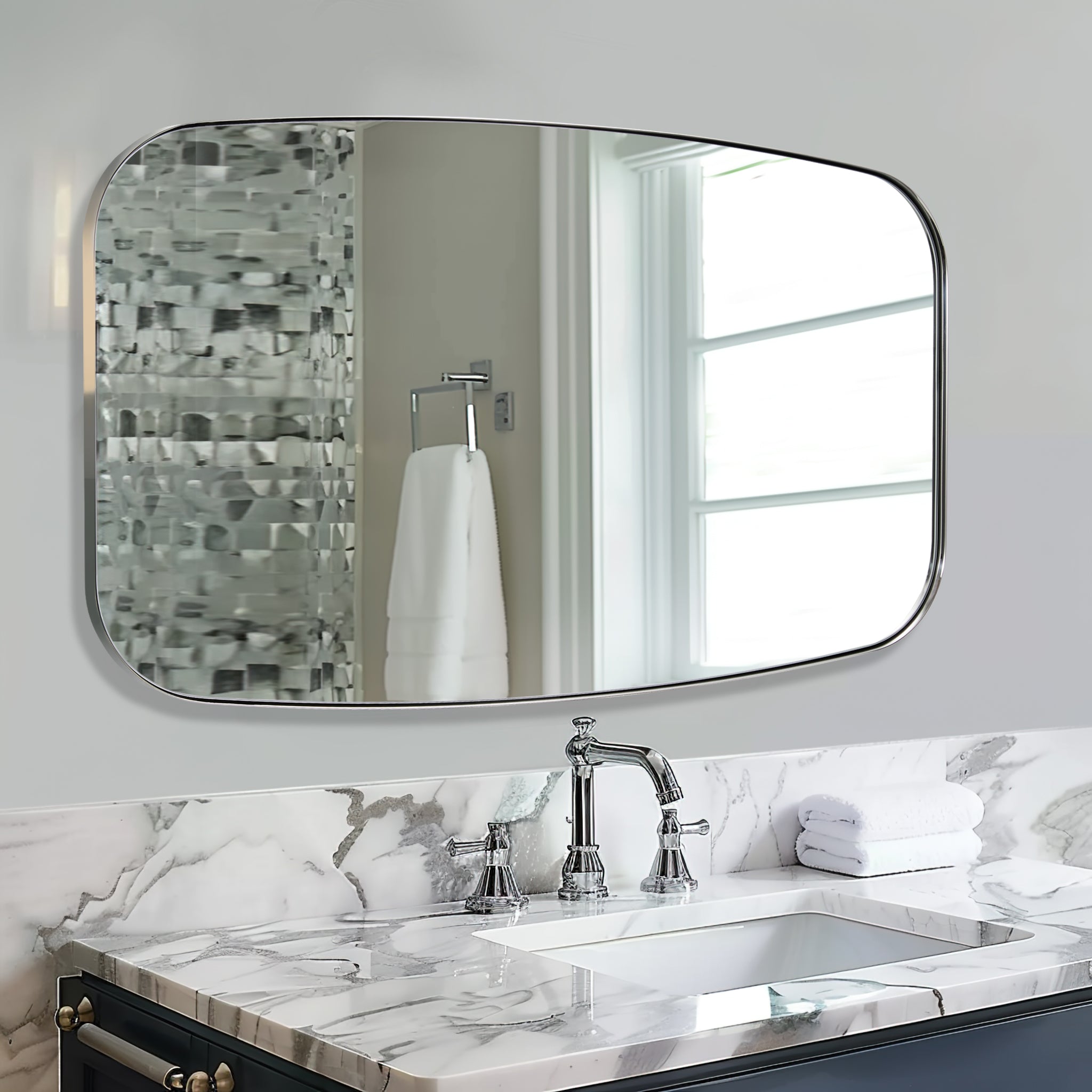 Modern Oblong Bathroom Mirror Long Oval Mirror with Stainless Steel Frame