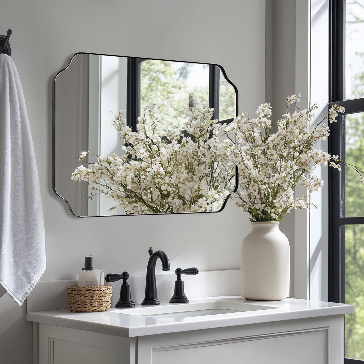 Modern Cut Corner Rectangle Scalloped Mirror for Wall /Bathroom | Stainless Steel Frame