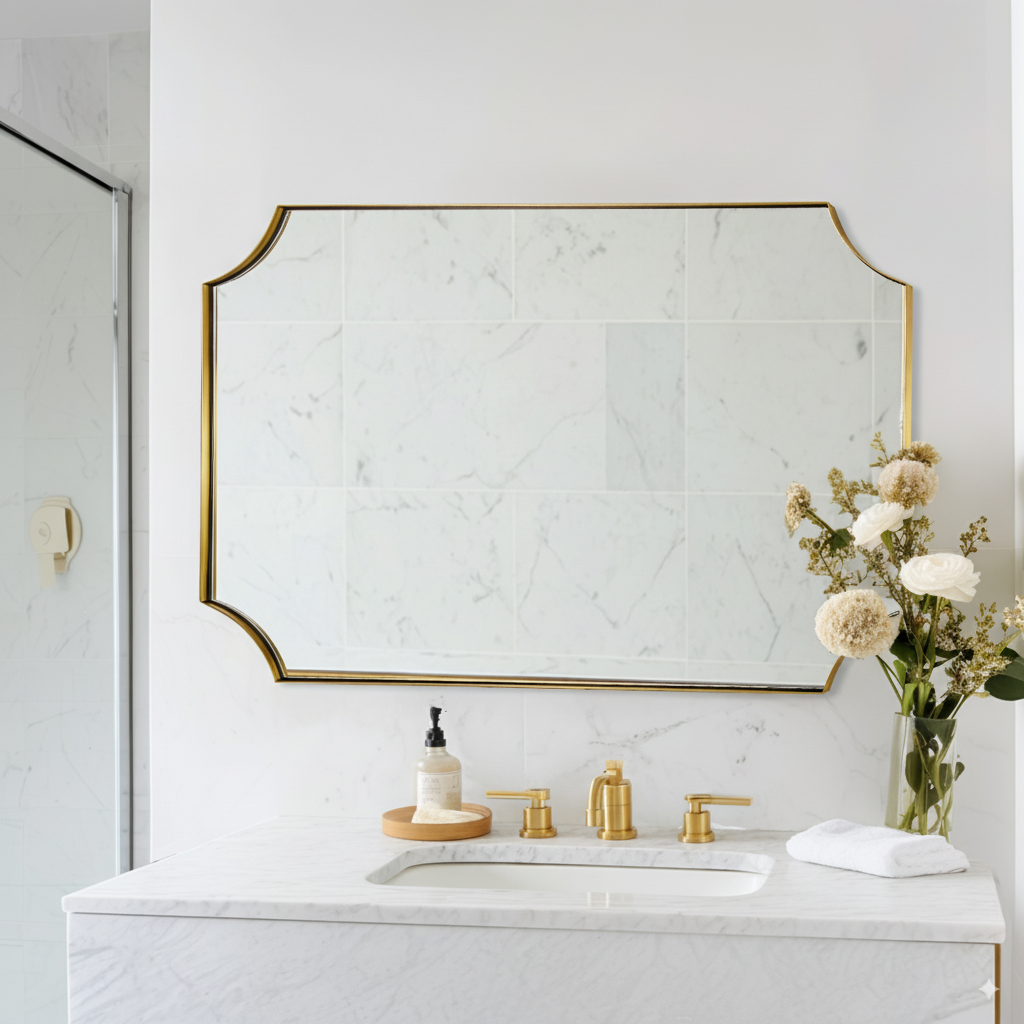 Contemporary  Rounded Notched Corner Scalloped  Rectangle Bathroom Vanity Mirror | Stainless Steel Frame