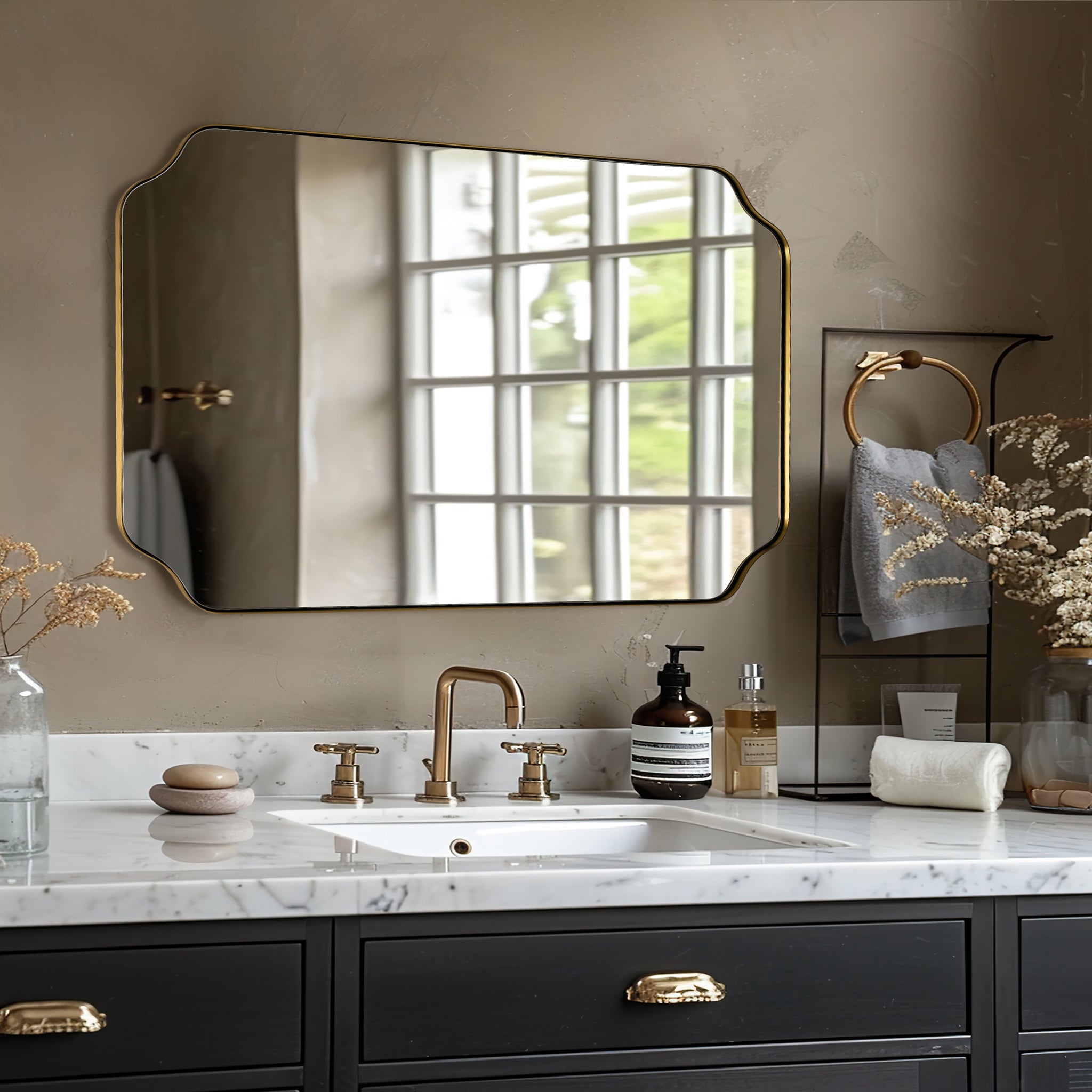Contemporary Notched Corner Rectangle Scalloped Mirror for Wall /Bathroom | Stainless Steel Frame