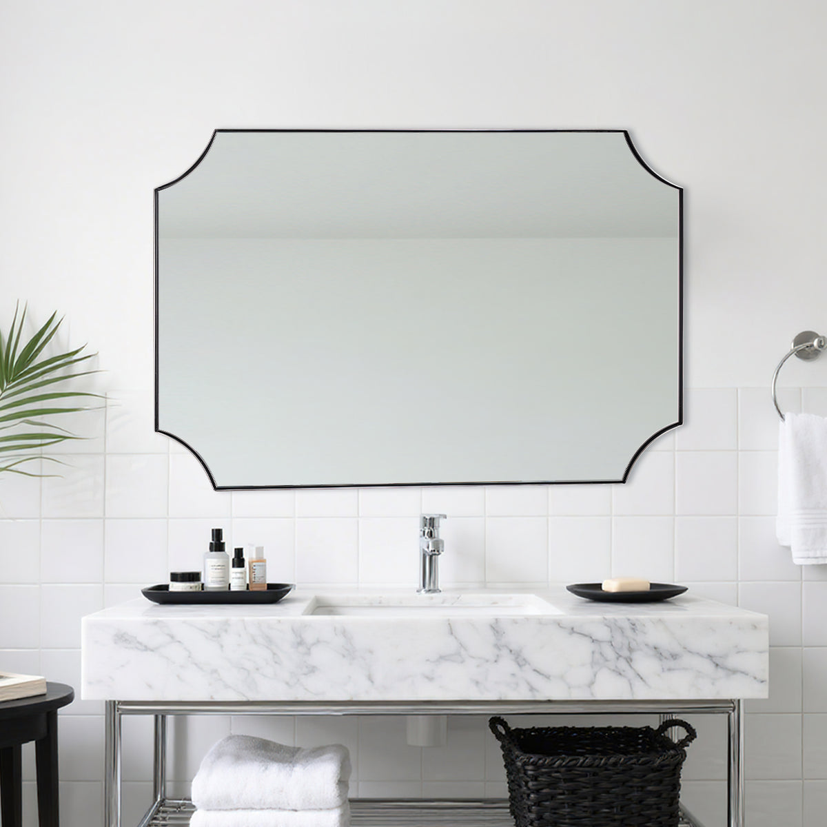 Open Box Like New : Notched Corner Scalloped  Rectangle Bathroom Vanity Mirror | Stainless Steel Farme