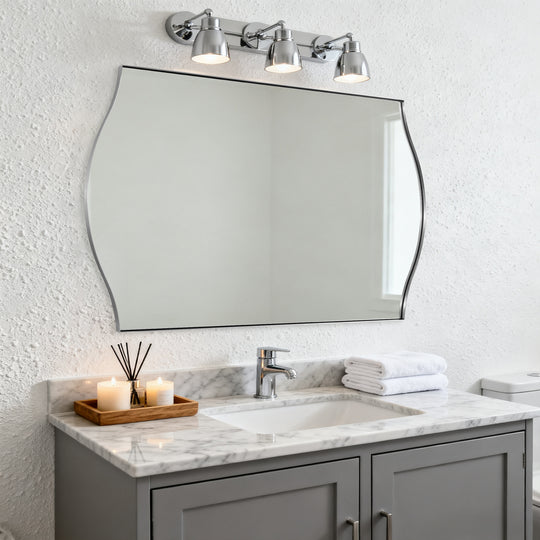 Dual Curve Arch Rectangular Scalloped  Bathroom Wall Mirror |Stainless Steel Framed