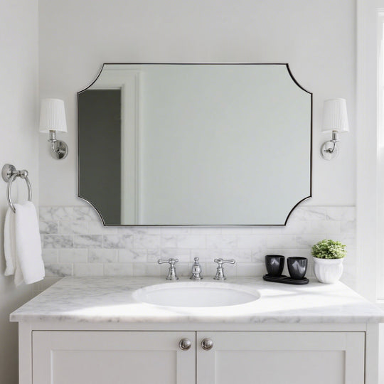 Contemporary  Rounded Notched Corner Scalloped  Rectangle Bathroom Vanity Mirror | Stainless Steel Frame