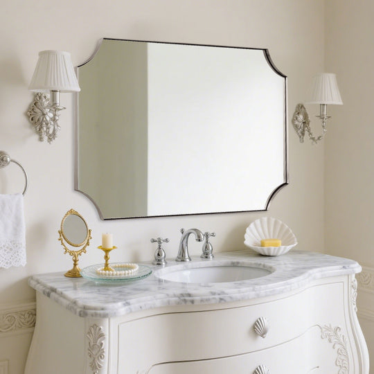 Contemporary  Rounded Notched Corner Scalloped  Rectangle Bathroom Vanity Mirror | Stainless Steel Frame