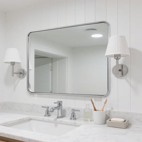 Modern Bold Stainless Steel Framed Rounded Rectangular Bathroom Wall Mirror