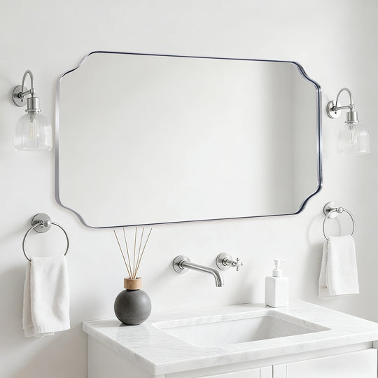 Contemporary Notched Corner Rectangle Scalloped Mirror for Wall /Bathroom | Stainless Steel Frame