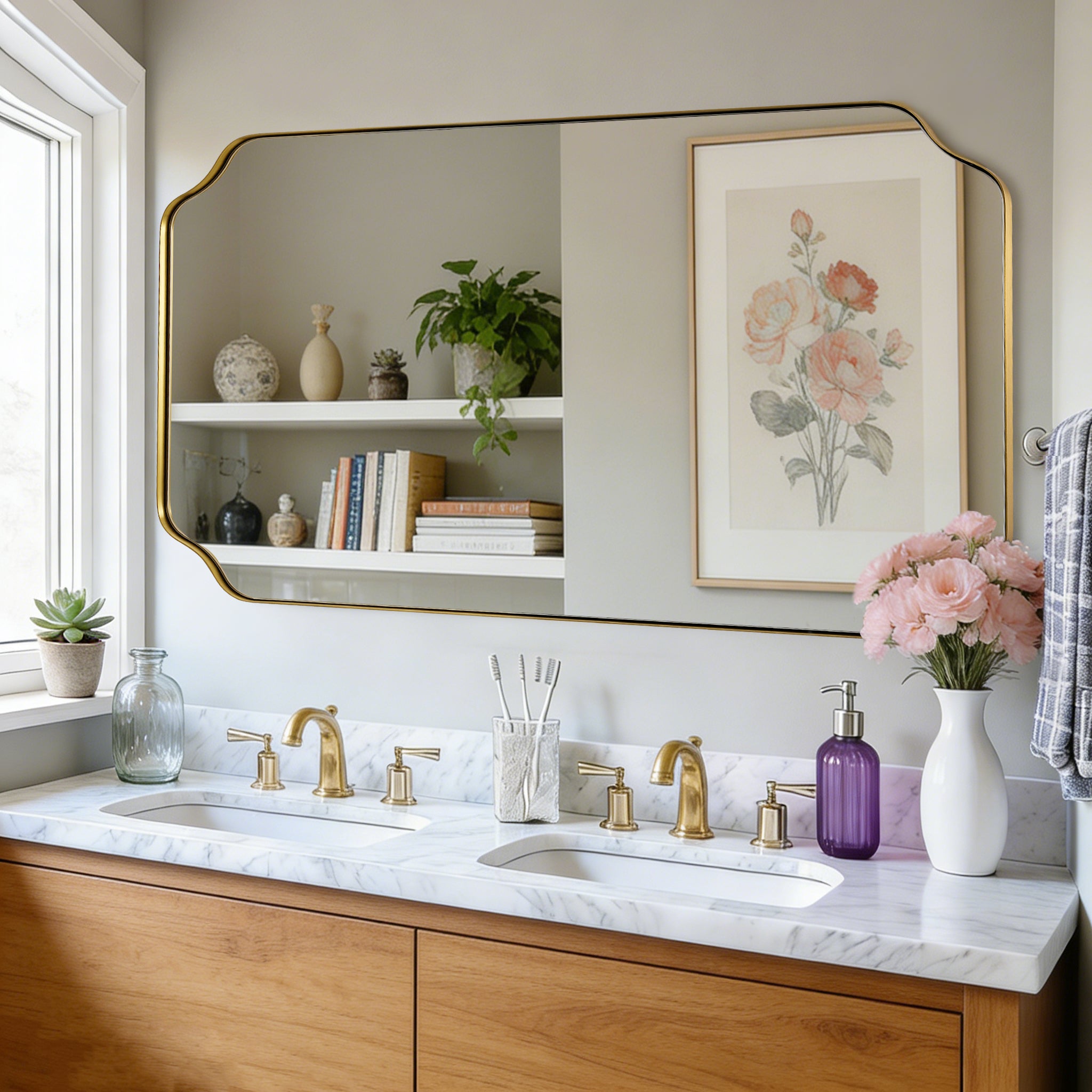 Contemporary Notched Corner Rectangle Scalloped Mirror for Wall /Bathroom | Stainless Steel Frame