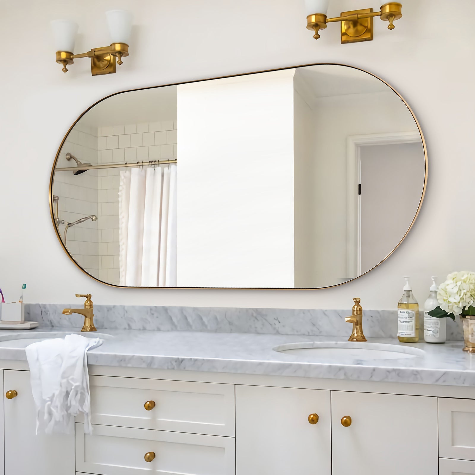 Modern Pill Shaped Capsule Wall Mirrors Long Oval Bathroom Vanity Mirror | Stainless Steel Frame