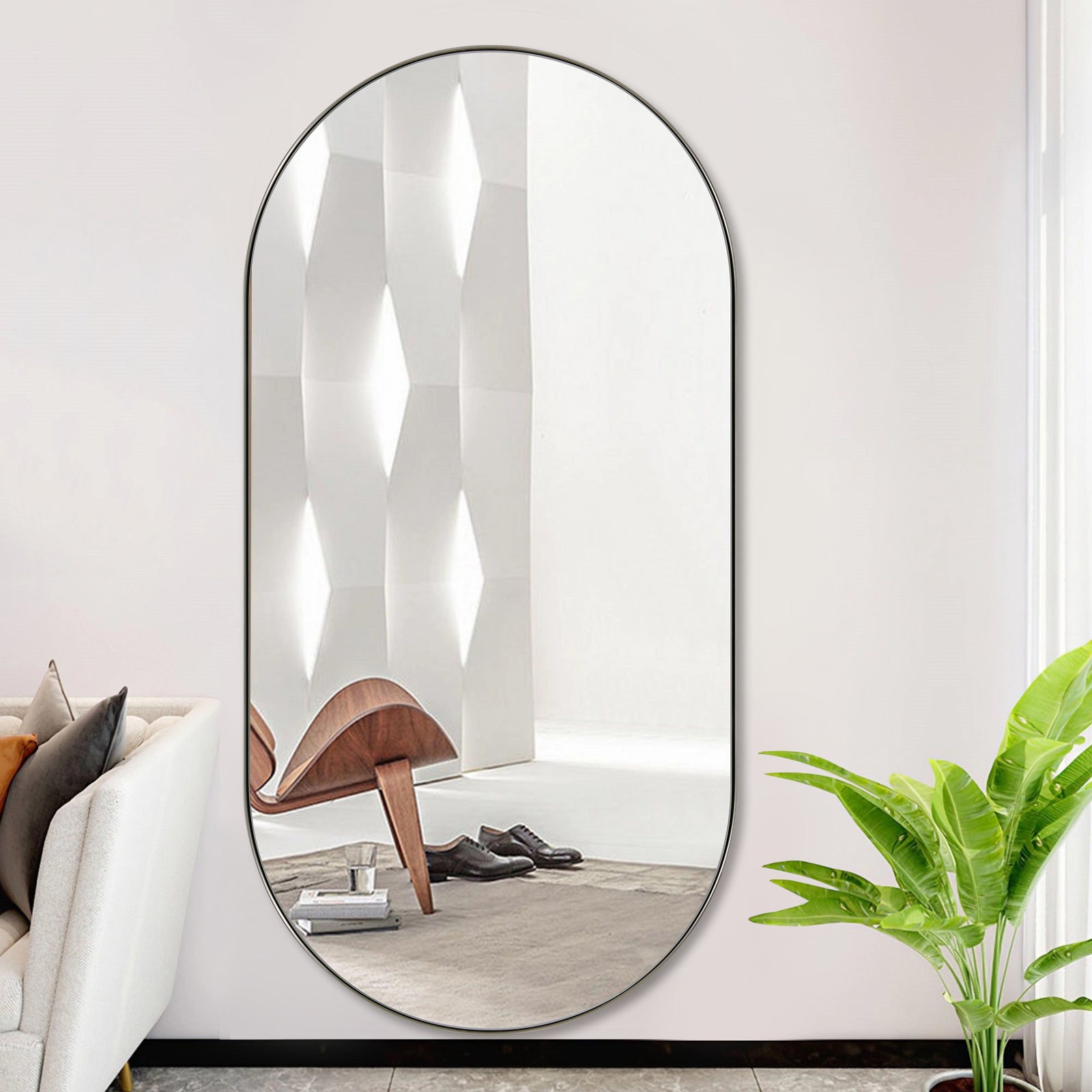 Full Length Pill Shaped Mirrors Wall Mounted, Full Body Long Leaning Mirror