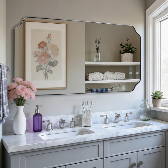 Contemporary Notched Corner Rectangle Scalloped Mirror for Wall /Bathroom | Stainless Steel Frame