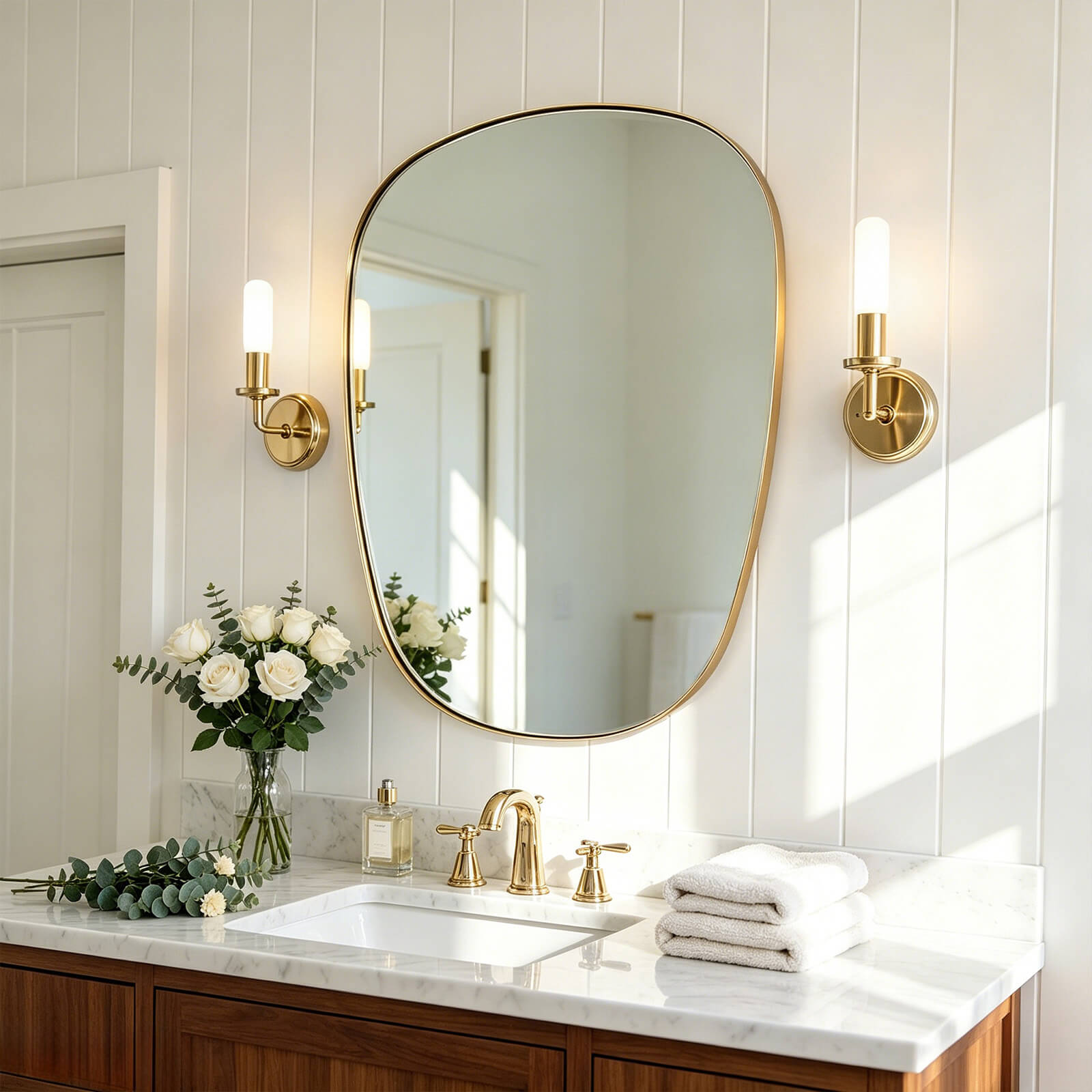 Contemporary Irregular Organic  Bathroom Wall Mirror Asymmetric Decorative Mirror | Stainless Steel Frame