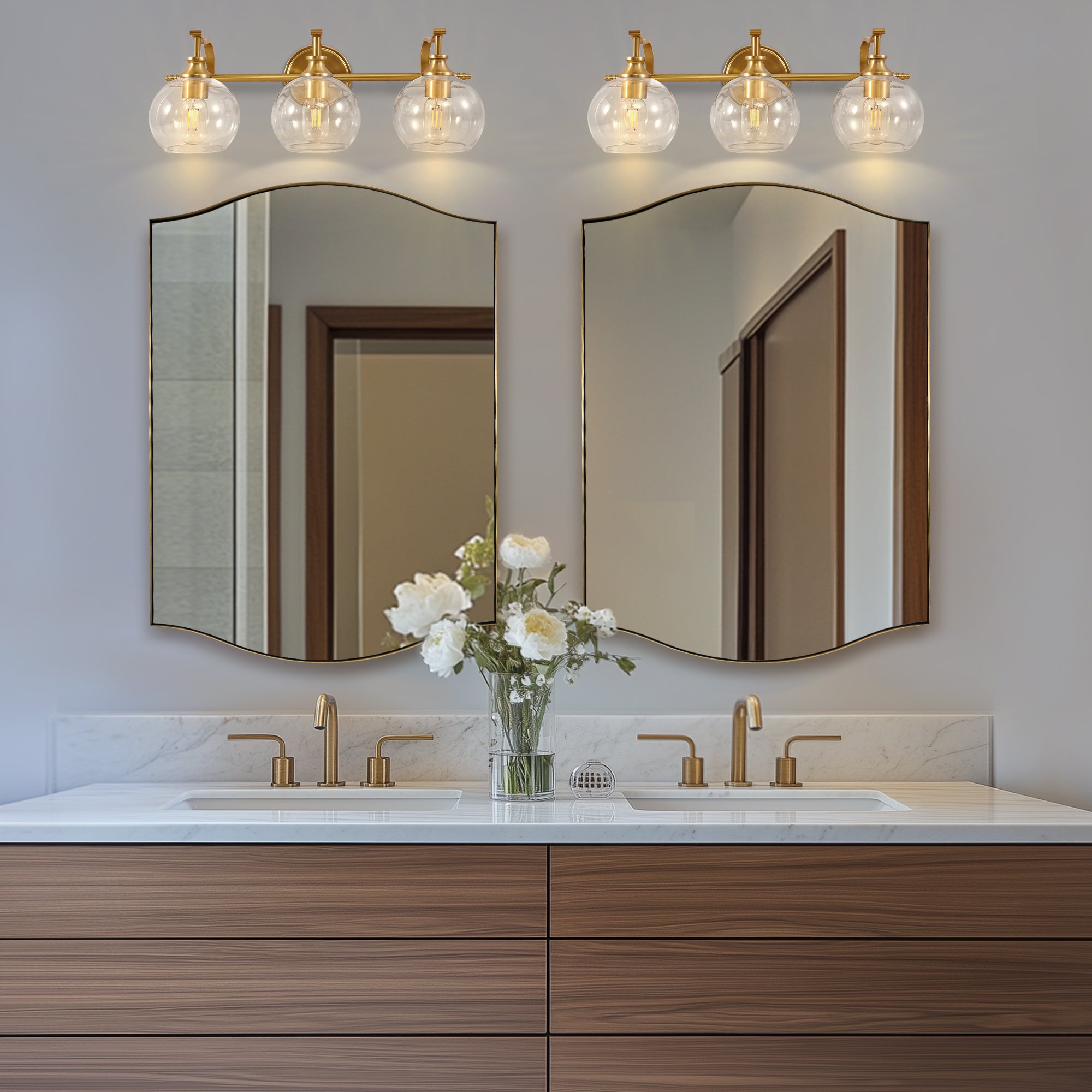 Curve Dual Arch Rectangular Scalloped  Bathroom Wall Mirror Brushed Gold |Stainless Steel Framed