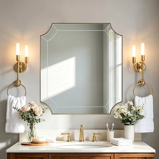 Modern Glass Tiles Edge Cut Corner Scalloped Bathroom Vanity Mirrors | Stainless Steel Frame