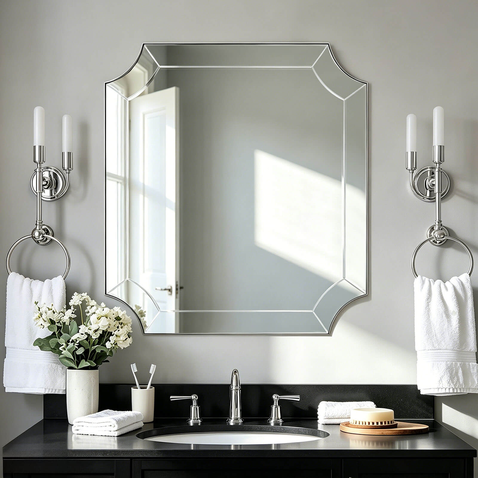 Minuette Glass Tiles Edge Scalloped Bathroom Vanity Mirrors | Stainless Steel Frame