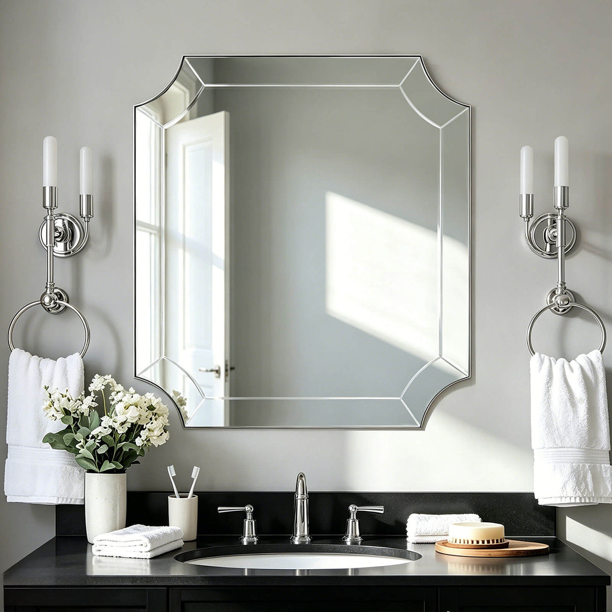 Modern Glass Tiles Edge Cut Corner Scalloped Bathroom Vanity Mirrors | Stainless Steel Frame