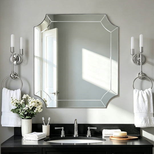 Modern Glass Tiles Edge Cut Corner Scalloped Bathroom Vanity Mirrors | Stainless Steel Frame