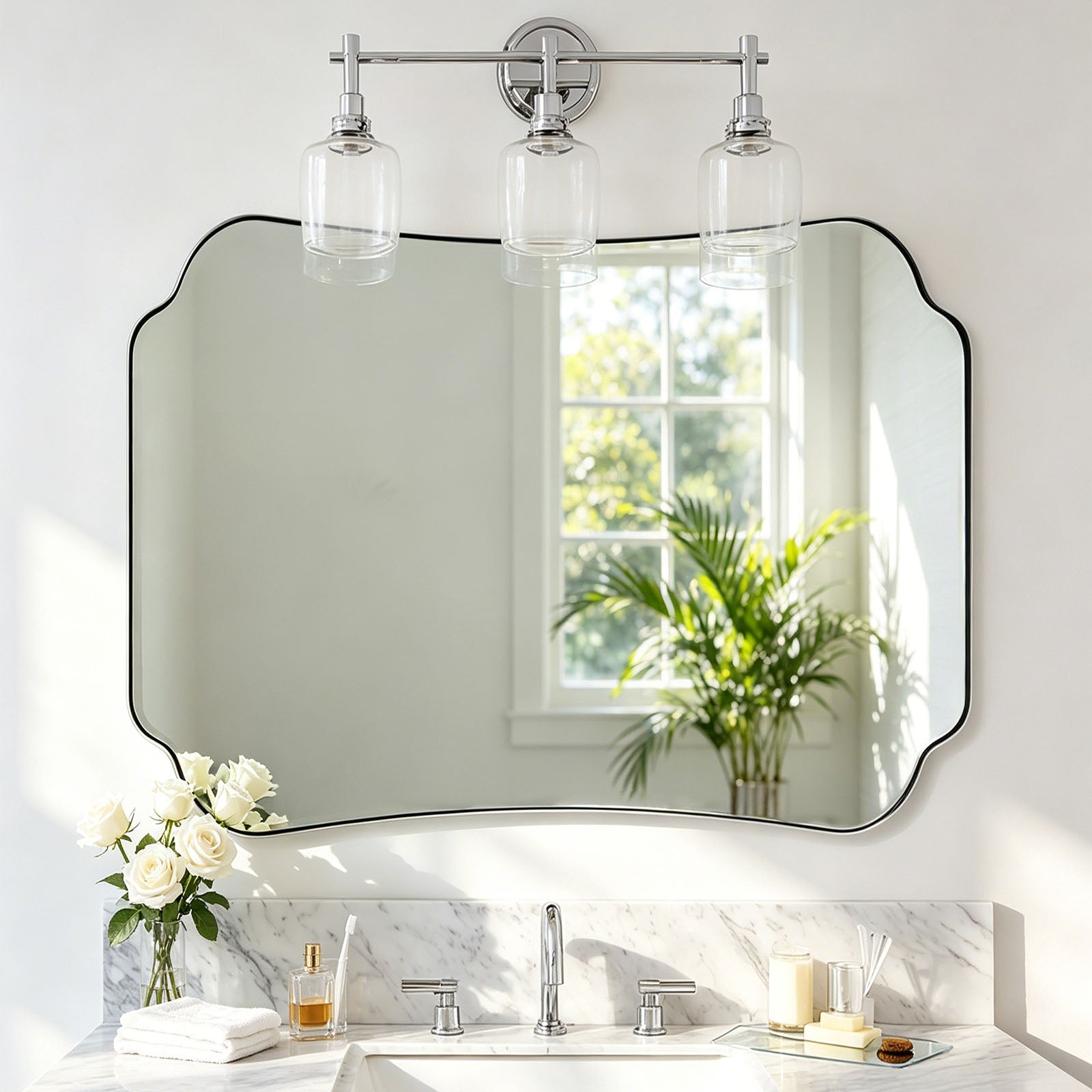 Contemporary Concave Edge Scalloped Bathroom Mirror Decorative | Stainless Steel Frame