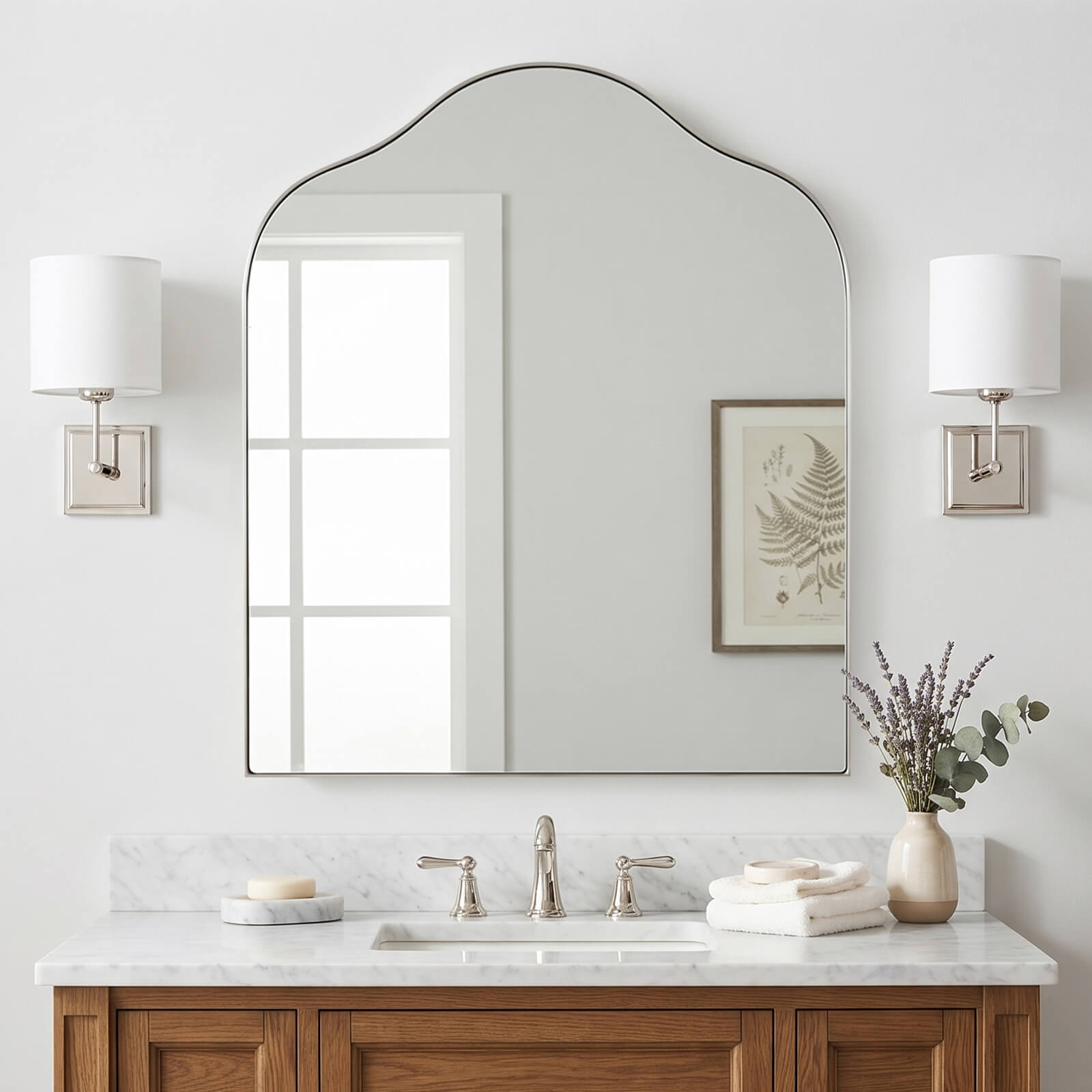 Contemporary Arched Scalloped Bathroom Vanity Mirror | Stainless Steel Frame
