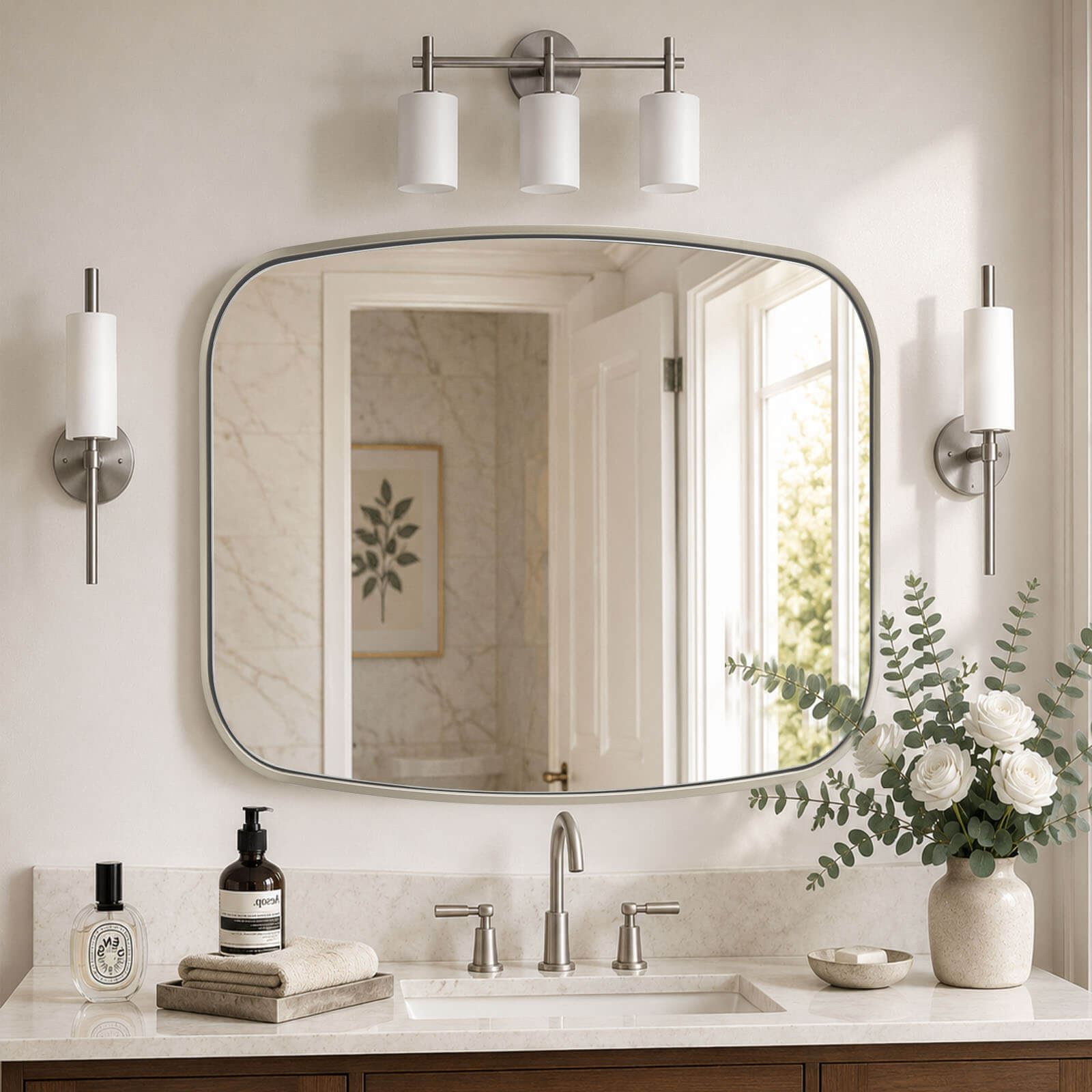 Contemporary Long Oval Oblong Bathroom Mirror | Stainless Steel Frame