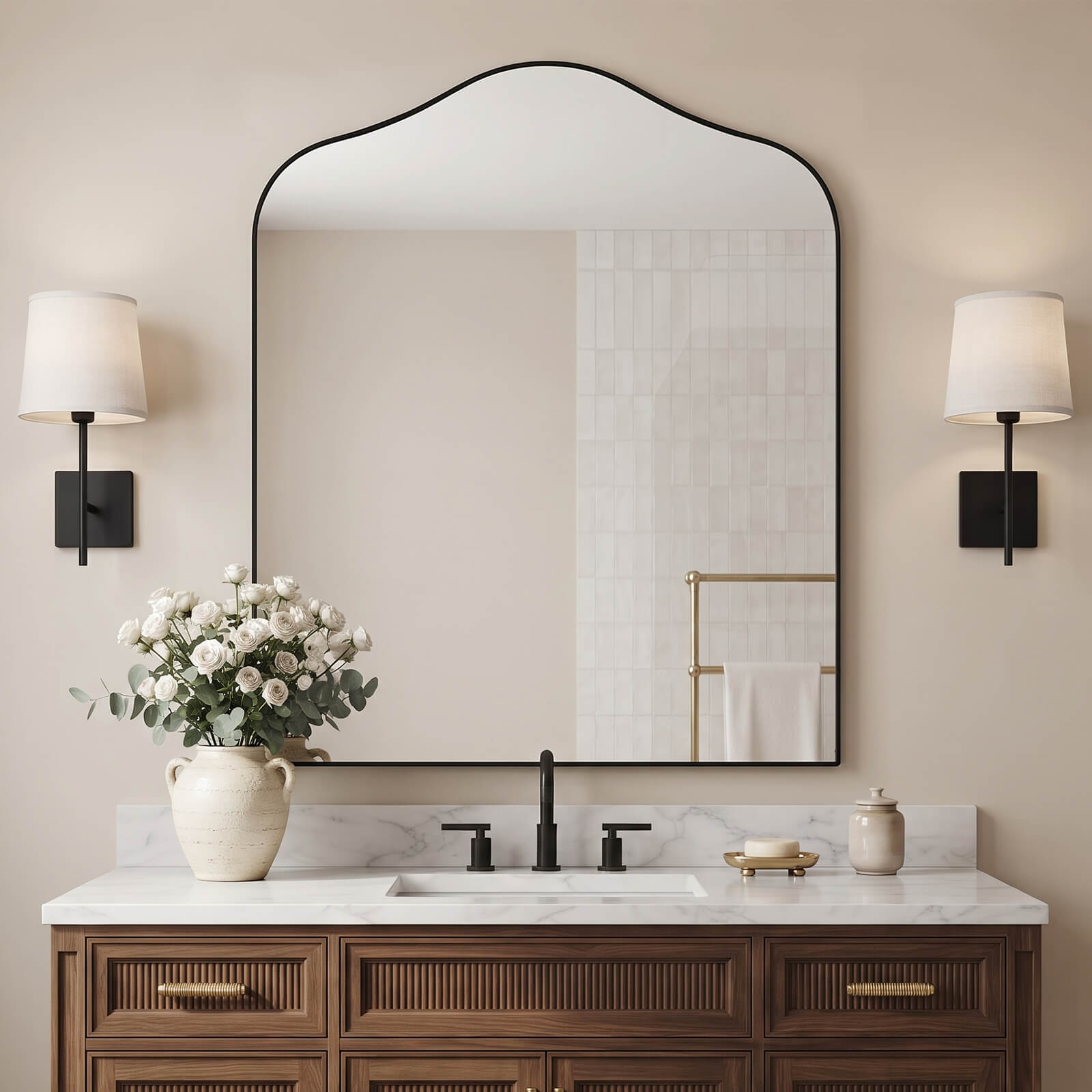 Contemporary Arched Scalloped Bathroom Vanity Mirror | Stainless Steel Frame