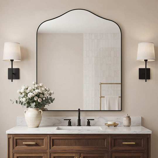 Contemporary Arched Scalloped Bathroom Vanity Mirror | Stainless Steel Frame