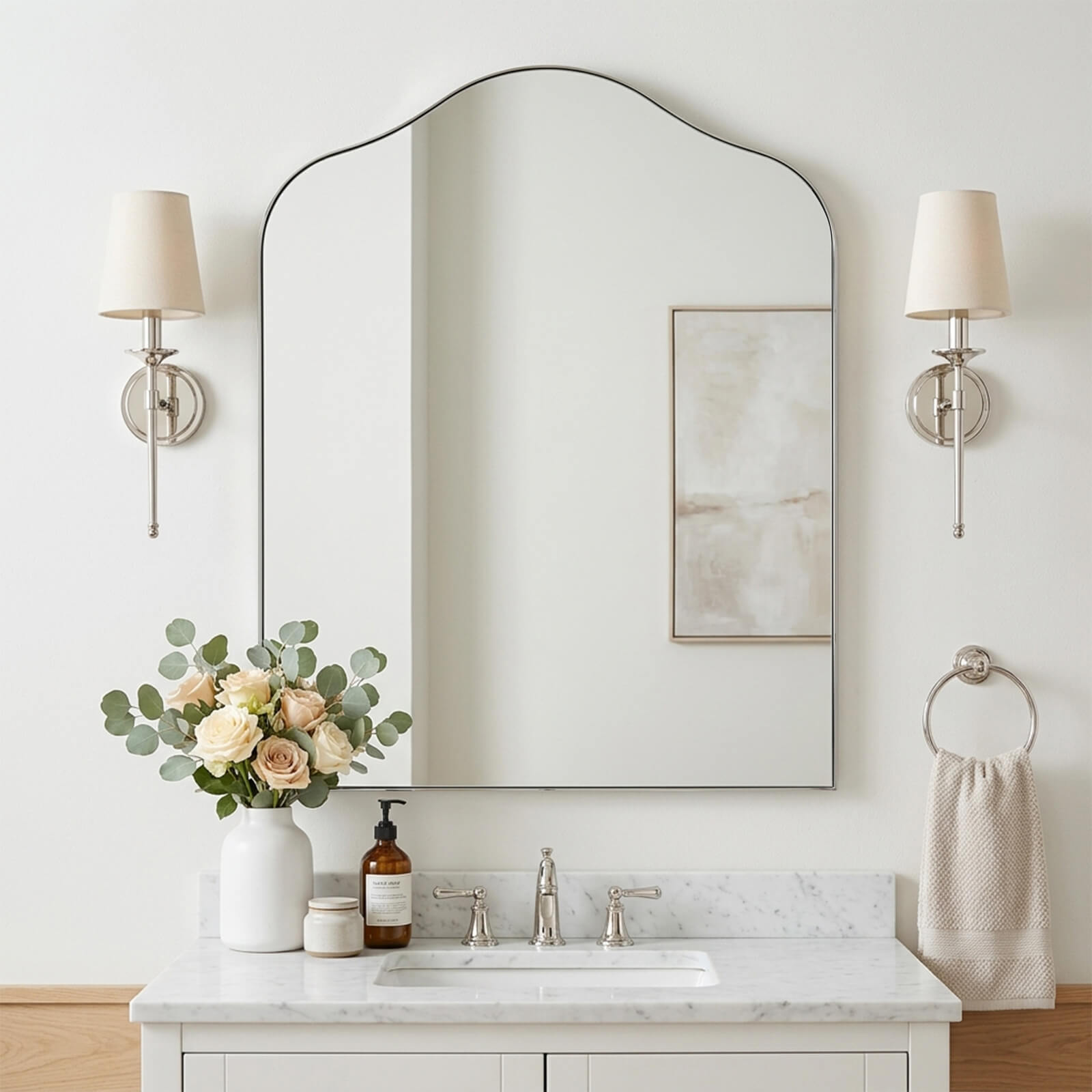 Contemporary Arched Scalloped Bathroom Vanity Mirror | Stainless Steel Frame