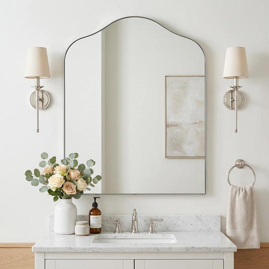Contemporary Arched Scalloped Bathroom Vanity Mirror | Stainless Steel Frame