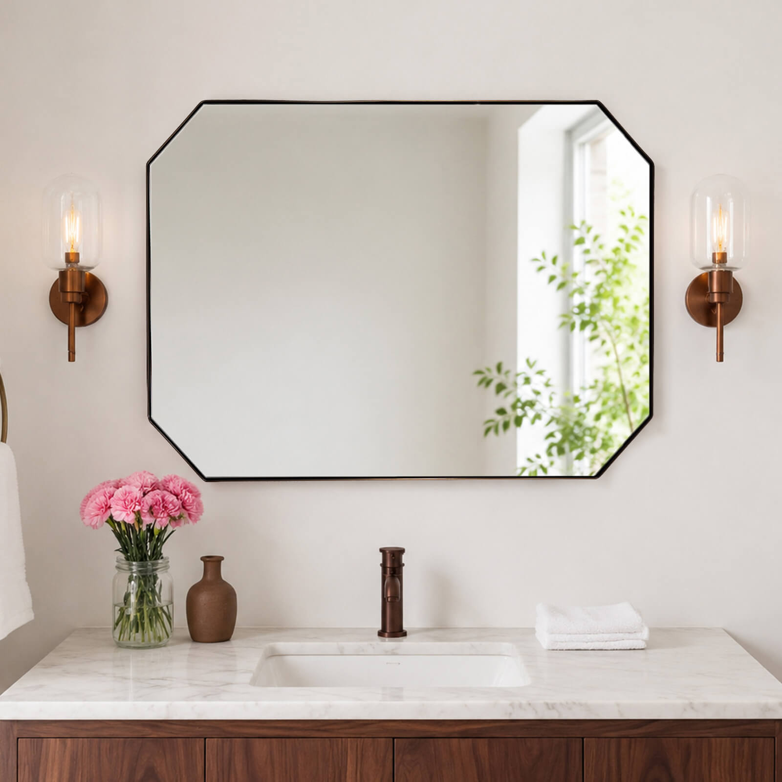 Contemporary Cut Corner Octagonal Scalloped Rectangle Mirror for Bathroom  |Stainless Steel Frame