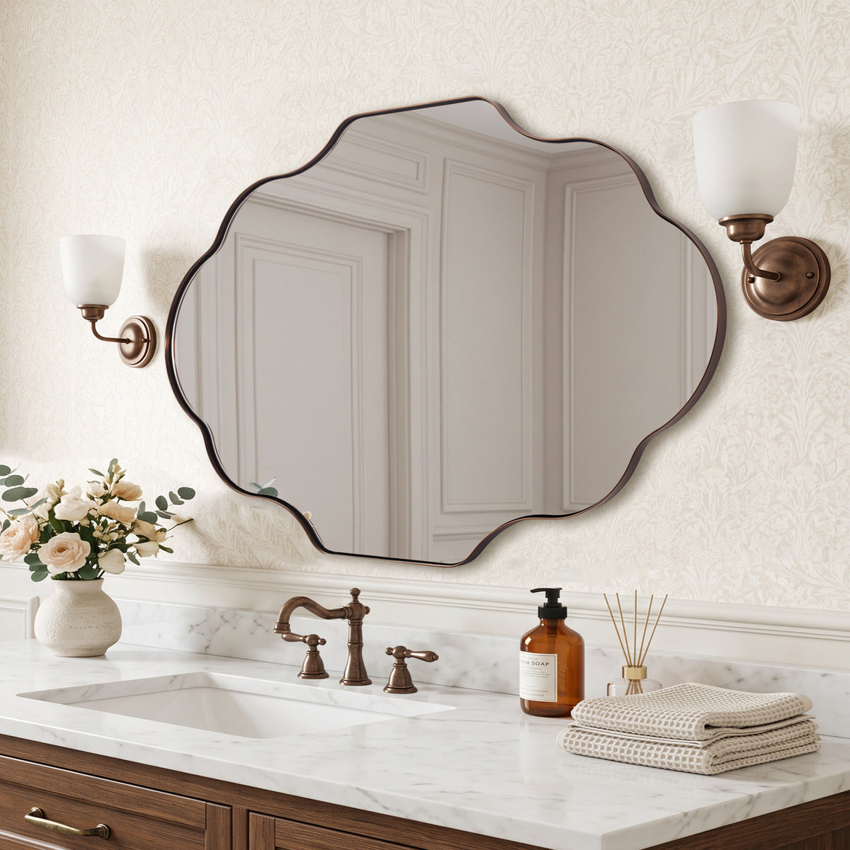 Modern Scalloped Oval Bathroom Vanity Mirror Wavy Wall Mirror | Stainless Steel Frame