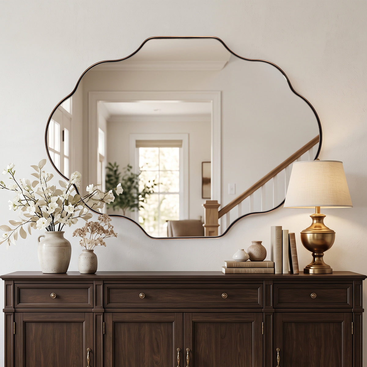 Modern Scalloped Oval Bathroom Vanity Mirror Wavy Wall Mirror | Stainless Steel Frame