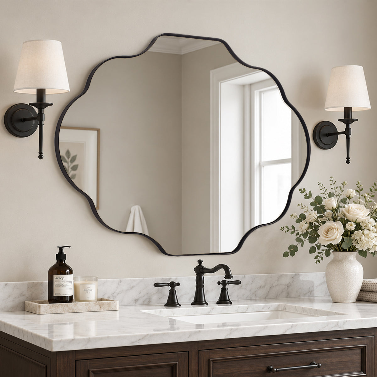 Modern Scalloped Oval Bathroom Vanity Mirror Wavy Wall Mirror | Stainless Steel Frame