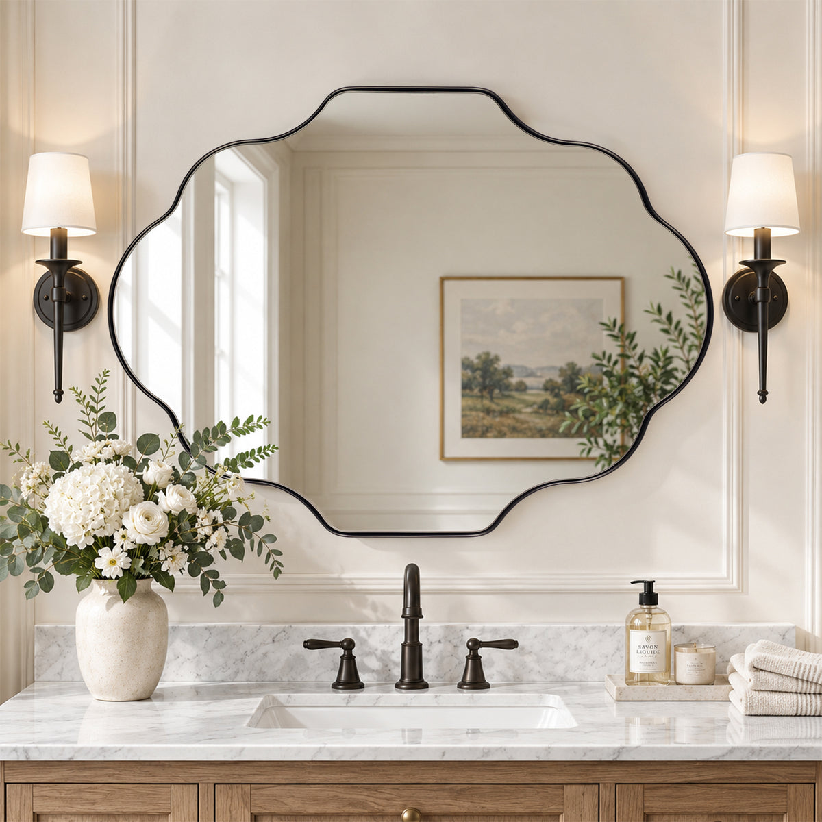 Modern Scalloped Oval Bathroom Vanity Mirror Wavy Wall Mirror | Stainless Steel Frame