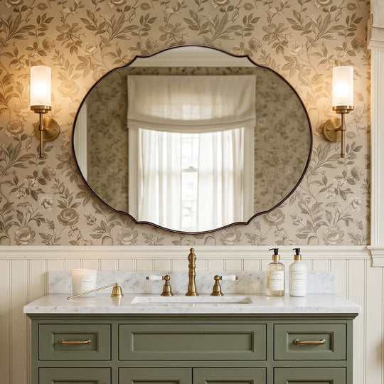 Contemporary Oval Scalloped Wall Mirror Irregular Bathroom Vanity Mirror| Stainless Steel Frame