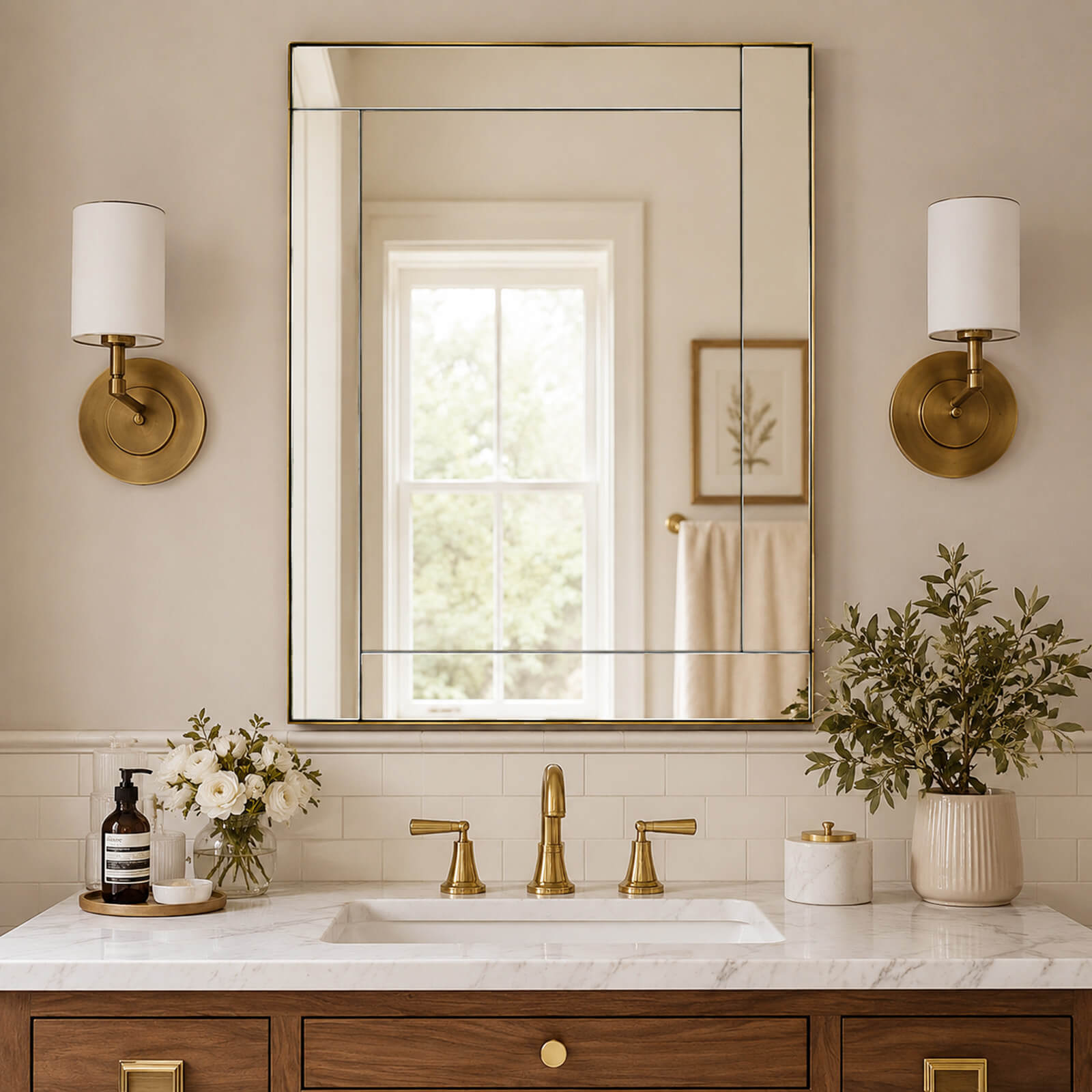 Contemporary Geometric Glass Tile Rectangular Bathroom Vanity Mirror | Stainless Steel Frame