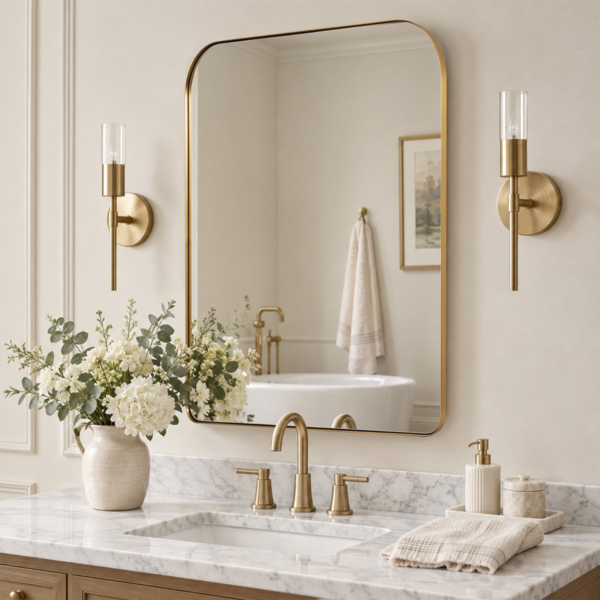 Modern Mantel Wide Arch Rectangle Bathroom Vanity  Mirror | Stainless Steel Frame