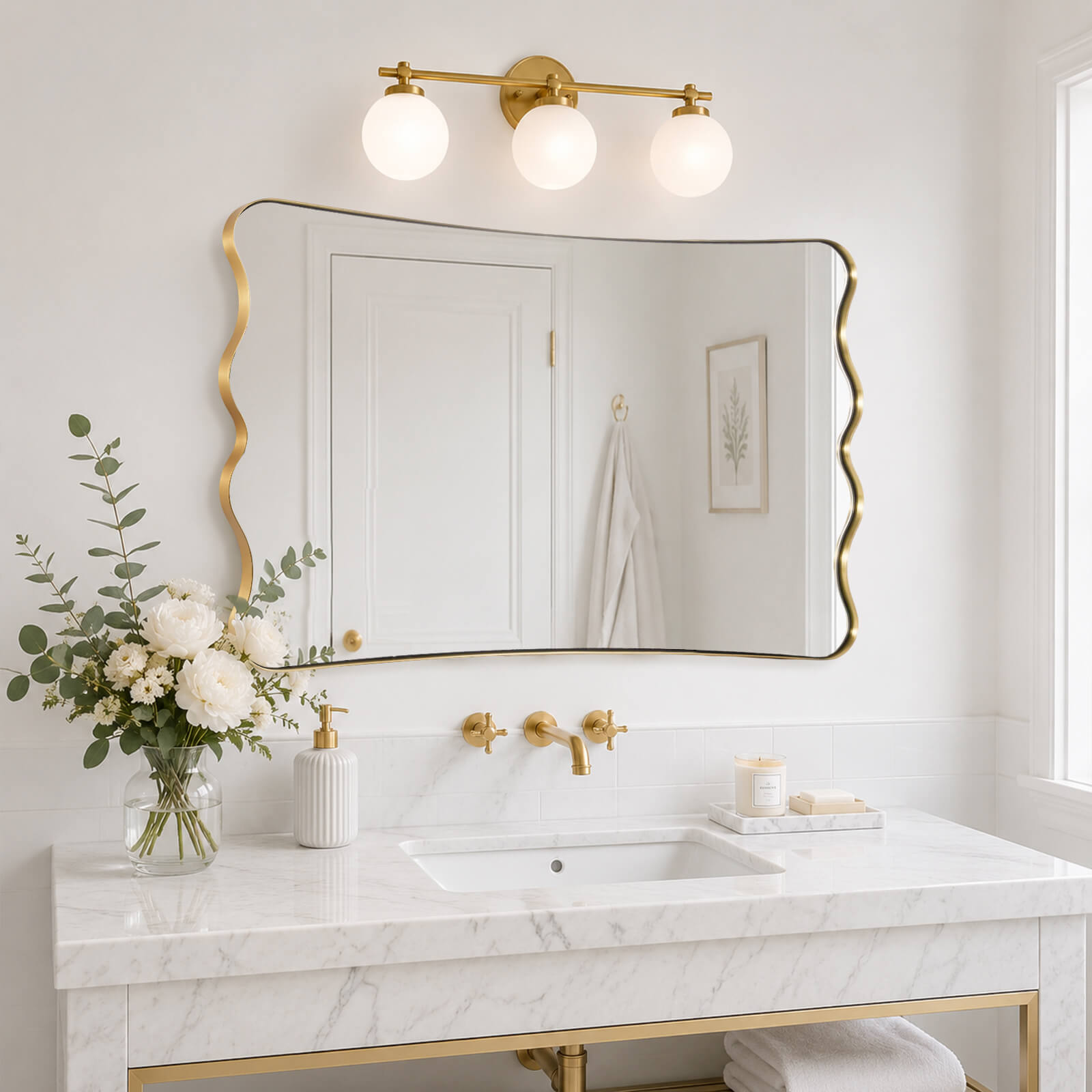 Contemporary Wavy Scalloped Rectangle Mirror Decorative Bathroom Mirror | Stainless Steel Frame