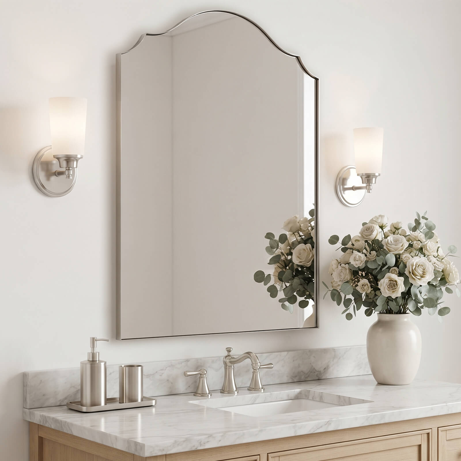 Contemporary Arched Curved Scalloped Mirror Bathroom Vanity Mirror | Stainless Steel Frame