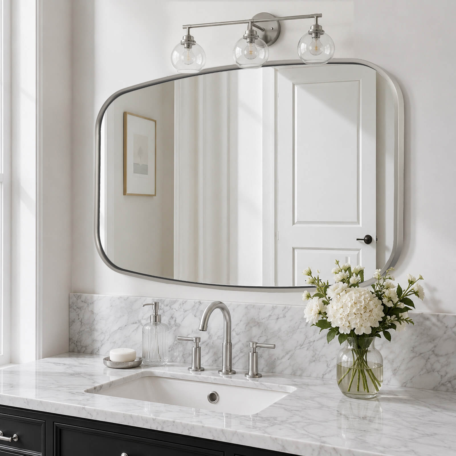 Contemporary Long Oval Oblong Bathroom Mirror | Stainless Steel Frame