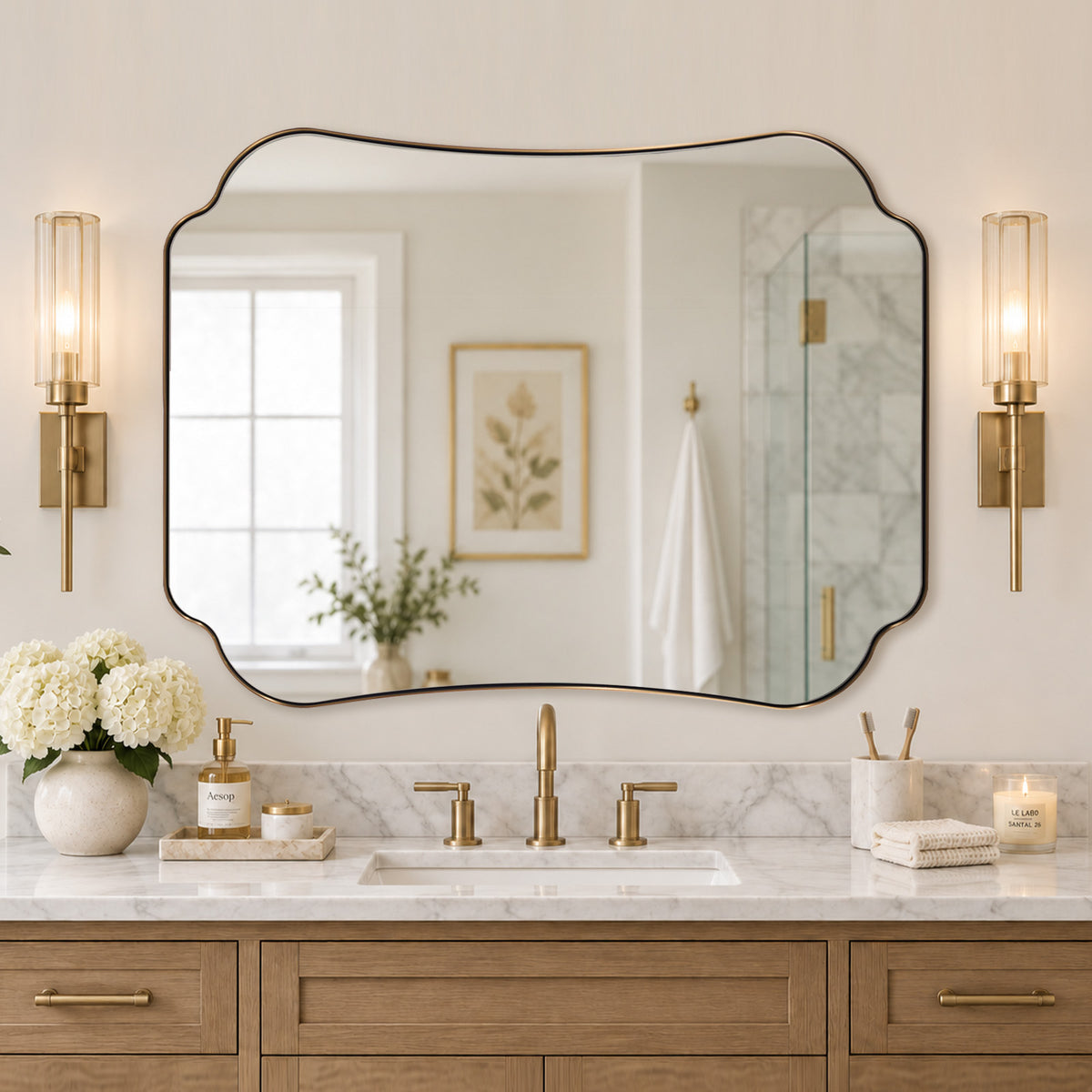 Contemporary Cut Corner Concave Edge Scalloped Bathroom Mirror | Stainless Steel Frame