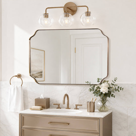 Modern Cut Corner Rectangle Scalloped Mirror for Wall /Bathroom | Stainless Steel Frame