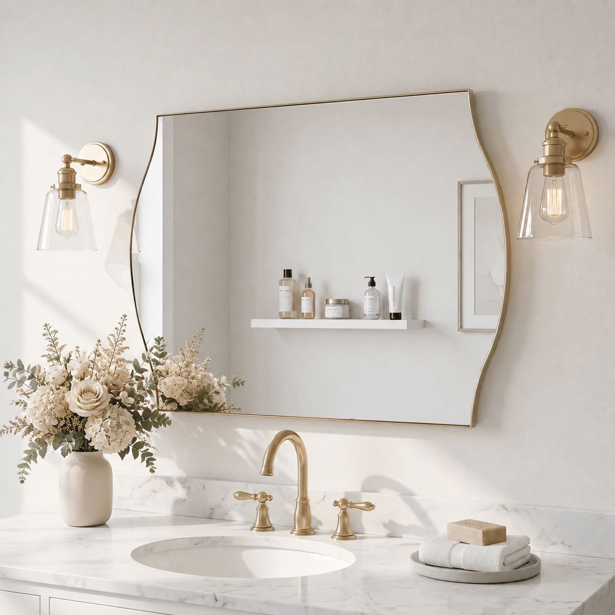 Dual Curve Arch Rectangular Scalloped  Bathroom Wall Mirror |Stainless Steel Framed