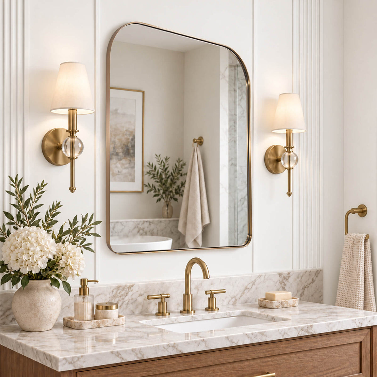 Modern Mantel Wide Arch Rectangle Bathroom Vanity  Mirror | Stainless Steel Frame