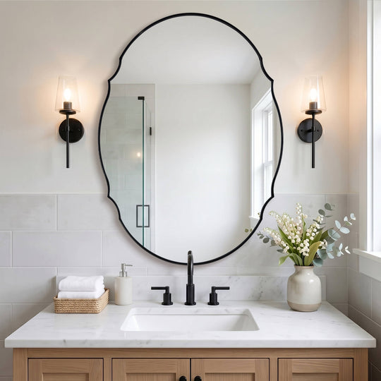 Contemporary Oval Scalloped Wall Mirror Irregular Bathroom Vanity Mirror| Stainless Steel Frame